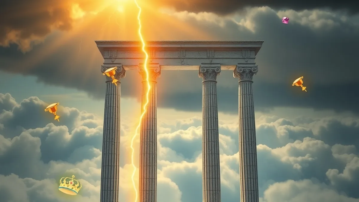 Portes de temple en marbre et éclairs dorés au-dessus des nuages, Gates of Olympus