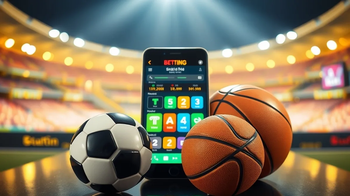 Ballons de football, tennis et basket devant un smartphone de paris sportifs