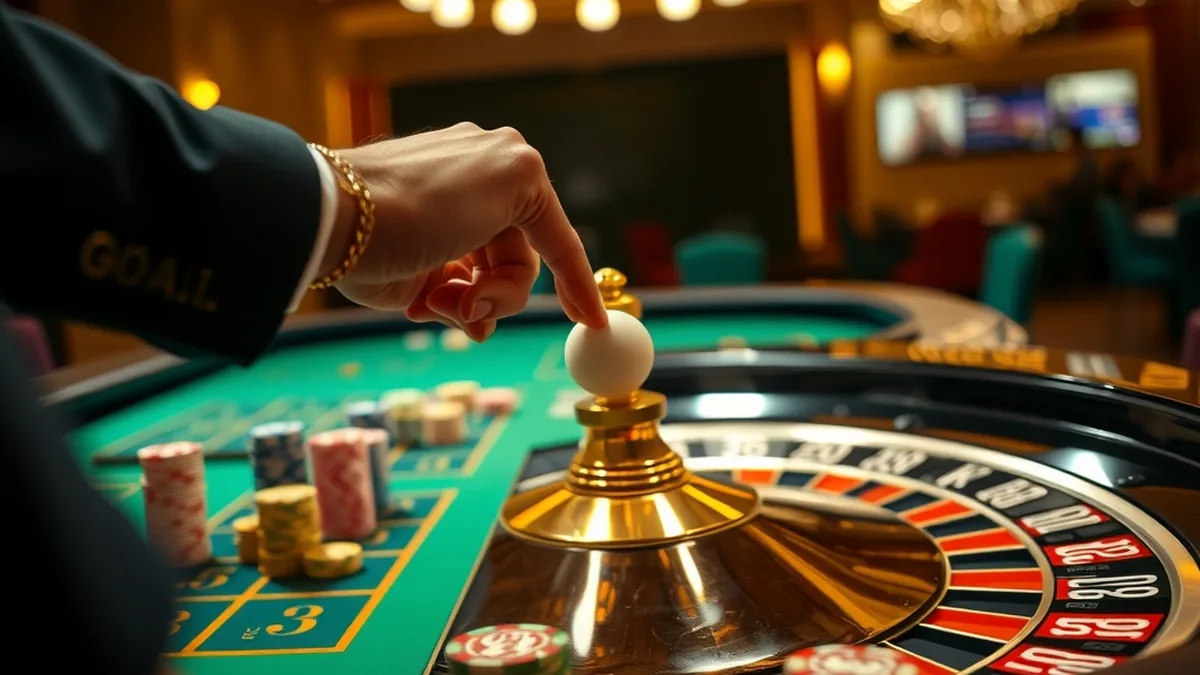 Mains du croupier lançant la bille sur une roulette en direct